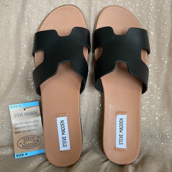 Brand New Steve Madden Genuine Leather H-Band Black Comfortable Slides Sandals - Picture 3 of 11